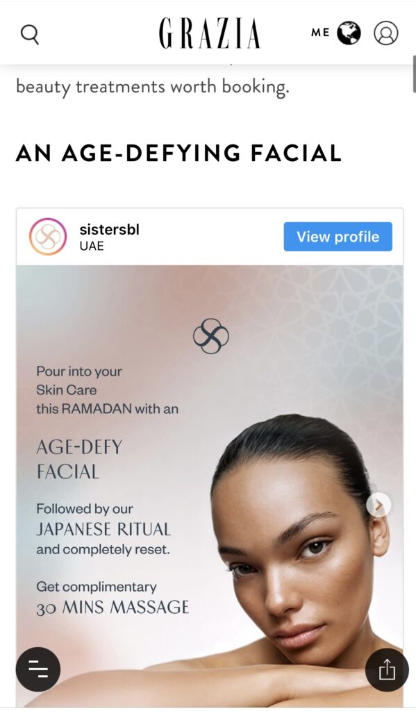 Grazia magazine ramadan beauty Age Defy Facial powered by QMS exclusively at SISTERS Dubai and Abu Dhabi